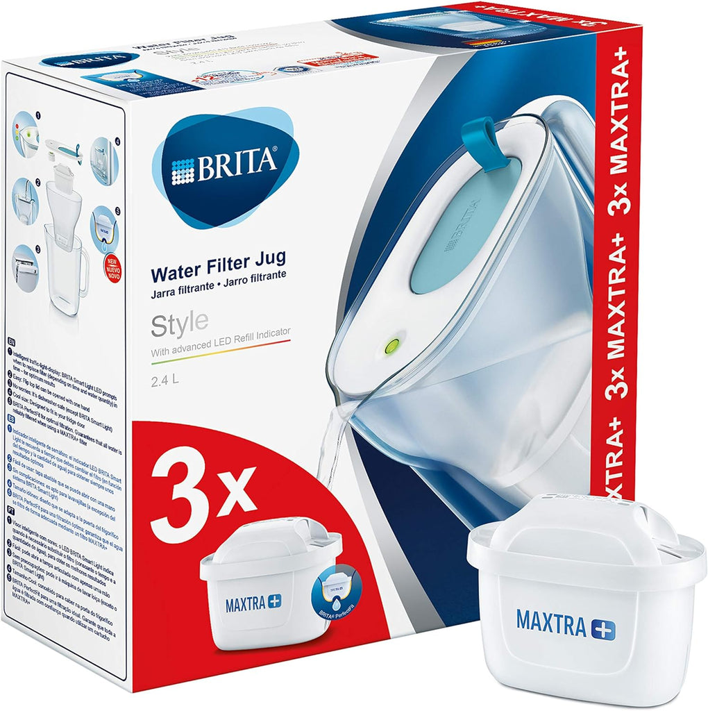 Brita Style 2.4l Plastic Water Filter Jug, 3 Maxtra + Cartridges - Blue - Khubchands
